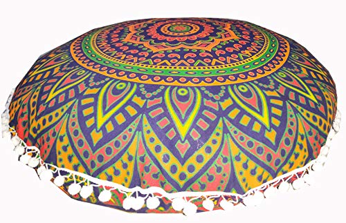 ICC New Blue Ombre 24" Mandala Barmeri Large Floor Pillow Cover Cushion Meditation Seating Ottoman Throw Cover Hippie Decorative Zipped Bohemian Pouf Ottoman Pom Pom Cases 24" Round - color: Blue Yellow, style: 24 Inch Round
