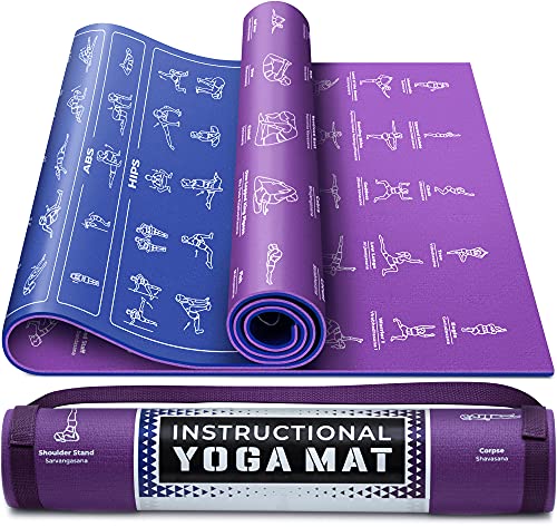 Instructional Yoga Mat with Carrying Strap: Cute Yoga Mat with 75 Illustrated Yoga Poses + 75 Easily-Followed Stretching Exercises - 1/4” Thick, Non-Toxic, Non-Slip Yoga Mats for Women and Men - color: Blue/Purple (68" x 24")