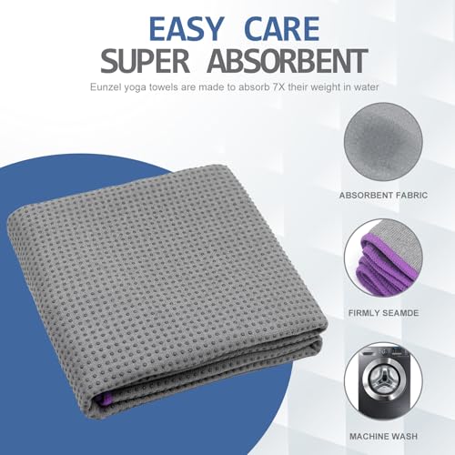 Eunzel Hot Yoga Towel - Microfiber Non Slip Yoga Mat Towel with Grip Dot Sweat Absorbent Towel for Hot Yoga, Pilates and Fitness 72" x 24", Dark Grey/Purple - color: Grey/ Purple