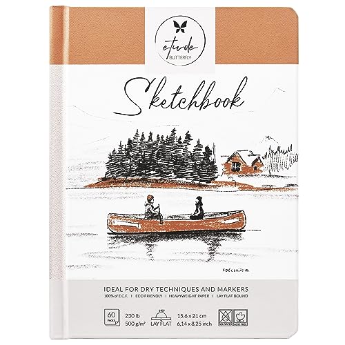 Sketch Book Hardcover 60 Pages Thick 500 GSM / 230 lb Acid Free Paper Lay Flat Bound for Drawing and Sketching 6,14” x 8,25” for Kids and Adults Beginners and Professionals Eco Friendly