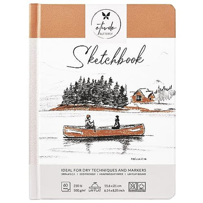 Sketch Book Hardcover 60 Pages Thick 500 GSM / 230 lb Acid Free Paper Lay Flat Bound for Drawing and Sketching 6,14” x 8,25” for Kids and Adults Beginners and Professionals Eco Friendly