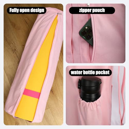 Cotton yoga mat bag with Pockets and Adjustable Strap - Full Zip Cargo Yoga Mat Carrier Bag - Bag for 1/4" 1/3" Thick Yoga Mat - color: Pink, size: XL