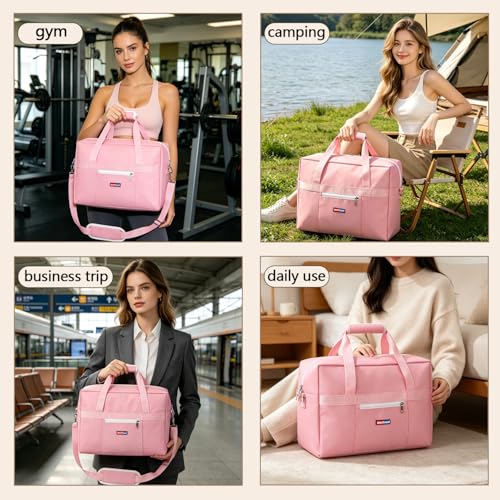 Gym Bag for Women Men, Water-Resistant Duffle Bag for Travel Sports, Lightweight Carry On Bag with Handles and Detachable Shoulder Strap - color: Pink