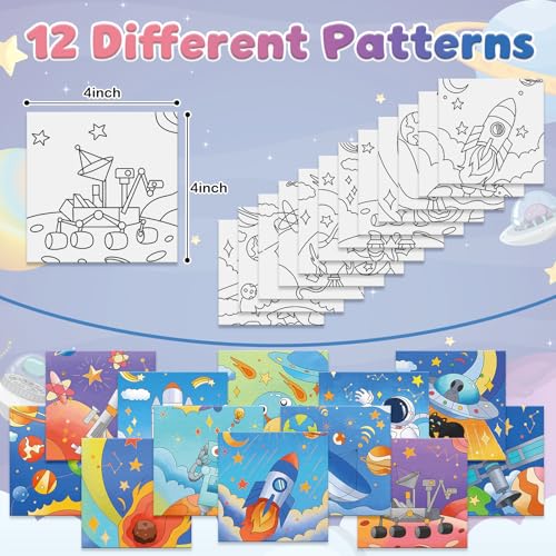 Anseal 12 Packs Pre Drawn Canvas to Paint, 4" X 4" Space Pre-Printed Canvas Paint Party, Stretched Outline Painting Boards for Beginners, Party Favor - style: Space