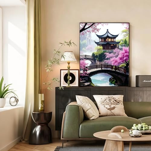 Cherry Blossom Paint by Numbers Kit for Adults with Frame & Easel 12x16in | 32 Colors, Adult Paint by Numbers, Japanese Scenery Canvas Paint by Numbers for Adults, DIY Acrylic Painting Kits on Canvas - color: Cherry Blossom, size: 12x16inch