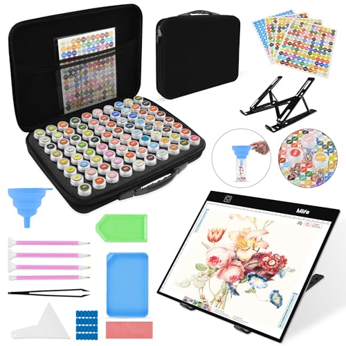 Mlife Diamond Art Painting Storage Boxes,1 Diamond Painting A4 Light Box Tracing Light Board with 3 Brightness, 80 Slots Bead Storage with 5D Diamond Art Accessories and Tools Kit（Black） - color: black