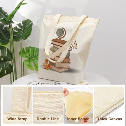 Aesthetic Canvas Tote Bag for Women with Inner Pocket - color: Book Reader