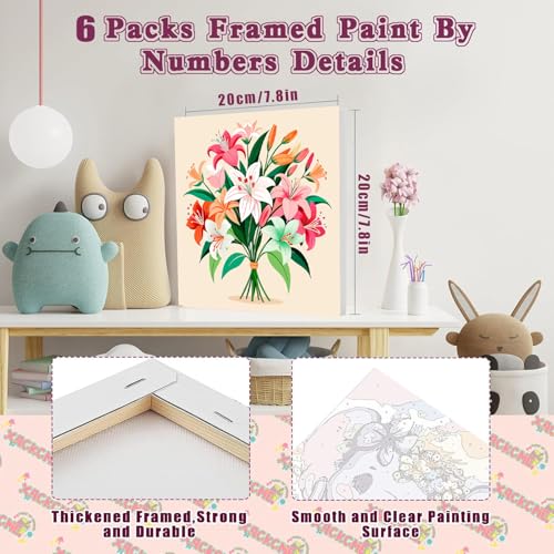 SYDYLH 6 Pack Paint by Numbers Kit with Frame, Easy Acrylic Painting for Kids & Adults, Flowers Paint by Number for Ages 6-12, 8x8 Inch DIY Art Set for Home Wall Decor - color: Flowers Paint By Numbers with Framed 6-pack-2, size: 8''x8''-with Framed