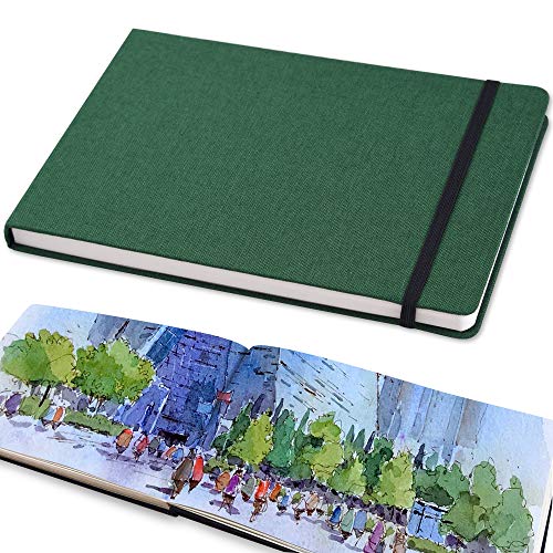 Mifuner 5"x 8" 220gsm Travel Handmade Cloth Cover Watercolor Paper 80 pages (40sheet frond and back) Notebook Journal Painting Paper Perfect for Travel Green - color: Long-green