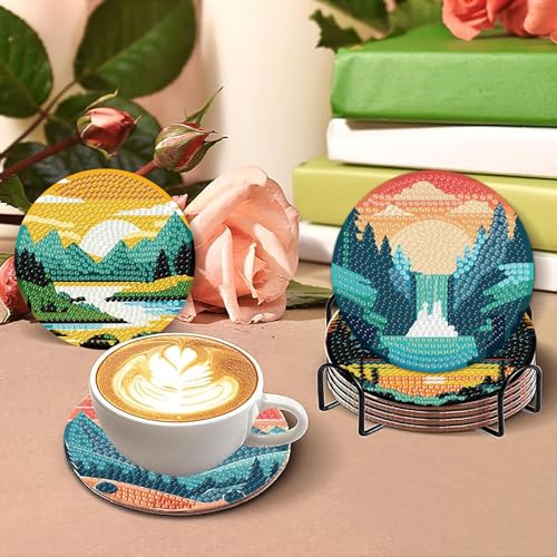 Clendo 8 Pcs Landscape Diamond Art Coasters Kit with Holder, Sunset Small Diamond Art Kits for Adults Beginners, Diamond Painting Coasters Arts and Crafts for Adults Supplies Item Sets - color: Bdwy299-us