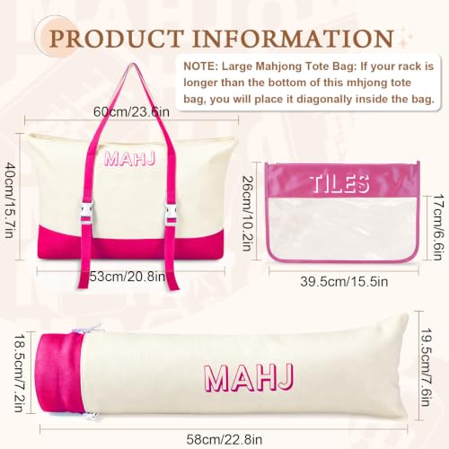 Mahjong Bag Storage Carrying Case for Tiles with Shoulder Strap (Rose Red) | 3-Bag System, External Mat Strap, Large Capacity, Lightweight Canvas, Reinforced Stitching, Fast Packing. - color: Rose Red
