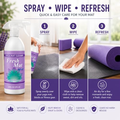 Fresh Mat Yoga Mat Cleaner Spray - Natural Deodorizing Cleaner for Yoga Mats & Fitness Equipment - No-Rinse, Residue-Free Formula with Witch Hazel & Essential Oil, Peaceful Lavender (24 fl oz). - size: 24 Fl Oz (Pack of 1)
