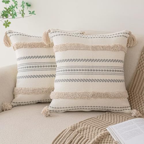 BUIOVBEY Boho Throw Pillow Covers Woven Tufted Pillow Cases with Tassels | Farmhouse Pillow Covers 18x18 Set of 2 Textured Striped Cushion Case Neutral Decorative Pillowcase for Sofa Couch Bed Khaki - color: Khaki, size: 18" x 18" (Pack of 2)