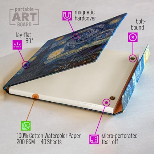 Watercolor Paper Pad — Magnetic Hardcover — 100% Cotton Watercolor Paper, Cold Press 200 GSM — 40 Sheets — Lay-Flat Watercolor Sketchbook — Art Supplies — KIROSKETCH (Starry Night 8,5x7,7 in) - color: Starry Night, size: 8.5x7.7 inch (Square)