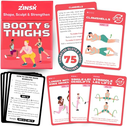 Zinsk 75 Booty & Thighs Exercise Cards - No Equipment Needed Glute Workouts to Shapen and Lift - Compact 3.5" x 2.5" Cards for Fun, Fast Home or Travel Leg and Butt Workouts for Women - style: Booty Cards