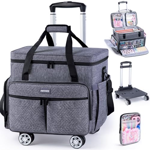 AMOIGEE Rolling Tote Bag with Wheels and Handle, Sewing Machine Case, Craft Organizer Tote for Scrapbooking Storage, Teacher Rolling Bag, Craft Supply Storage, Art Bag, Rolling Cart for Teachers - color: Grey - Black, size: With Wheels