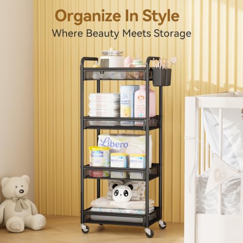 YASONIC 4 Tier Rolling Cart – Rolling Storage Cart with Wheels - color: Black, size: 4-tier