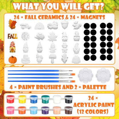 Simgoing 24 Sets Fall Ceramic Painting Kit Autumn Ceramics Painting Set | Ceramic Painting Kit with 24 Magnet 4 Brushes and 2 Palette for DIY Ready to Paint Ceramics Painting Arts and Crafts Set - style: Fall