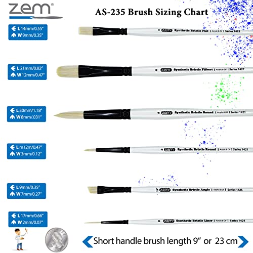 ZEM Brush White Hog Bristle Synthetic Combo Rounds, Flat, Filbert, Angle, Liner Artist Brush Set 6 pcs | Acrylic and Oil