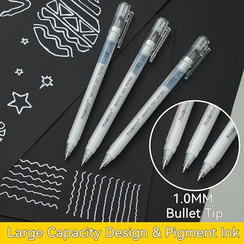 PANDAFLY White Gel Pens, 1mm Fine Point, 5 Pack | Opaque White Archival Ink Pens for Highlights, Black Paper Drawing, Sketching, Illustration, Card Making, Bullet Journaling - color: White