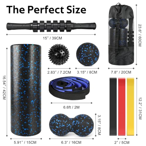 7 in1 Foam Roller Set for Deep Tissue Muscle Massager - Back Roller - color: Black Blue