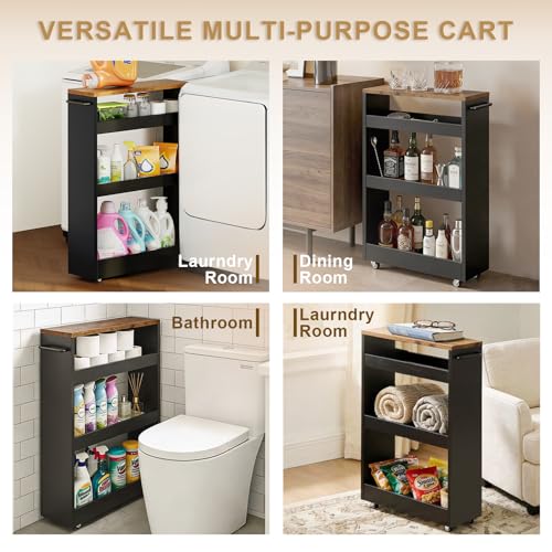 TEAMIX Wood 4-Tier Slim Rolling Storage Cart, 7.9"W, 24.8"D, 36.7"H, Black - color: Black