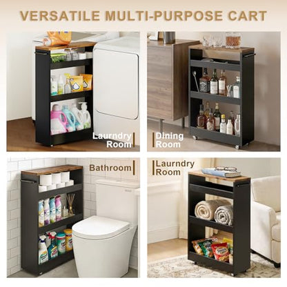 TEAMIX Wood 4-Tier Slim Rolling Storage Cart, 7.9"W, 24.8"D, 36.7"H, Black - color: Black