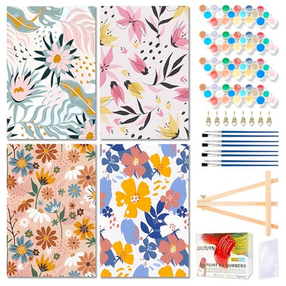 Lanzeyo 4 Pcs Paint by Numbers Kits for Adults Framed Canvas with Wooden Easel DIY Impressionist Flowers Oil Paintings Kits Paint by Numbers on Canvas Wall Art (8x12 inch) - color: 01 Flower