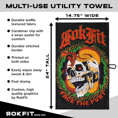 RokFit Gym & Golf Towel – Multi-Use, Quick-Dry, Durable Utility Towel with Bold Graphic and Carabiner Clip (Face The Fury) - color: Face the Fury