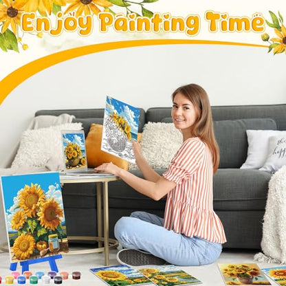 Blosssound 10 Set Pre Printed Canvas Pre Drawn Canvas Painting with Easel Kits 5" x 7" Outline Painting Panels for Beginners, DIY Craft Project, Home Decors(Sunflower) - style: Sunflower
