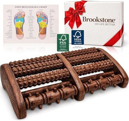 Brookstone Foot Massager Roller Plantar Fasciitis Pain Relief - Wooden Under Desk Feet Massage - Dual Manual Heel Massagers - Wood Rolling Acupressure Tool with Reflexology Guide - Gift for Men, Women - color: Walnut