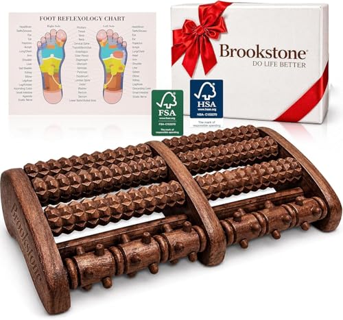 Brookstone Foot Massager Roller Plantar Fasciitis Pain Relief - Wooden Under Desk Feet Massage - Dual Manual Heel Massagers - Wood Rolling Acupressure Tool with Reflexology Guide - Gift for Men, Women - color: Walnut