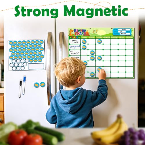 Magnetic Reward Chart for Kids, Customizable Dry Erase Weekly Chore Chart - size: 1 Kid-Dinosaurs