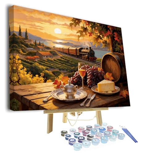 TUMOVO Paint by Numbers Kit for Adults, Adult Paint by Number Kits for Beginner - Sunset Vineyard Landscape with Steam Train Passing by, Serene DIY Artwork for Home Decor, 16x20 Inch(Framed) - color: Vineyard(Framed)