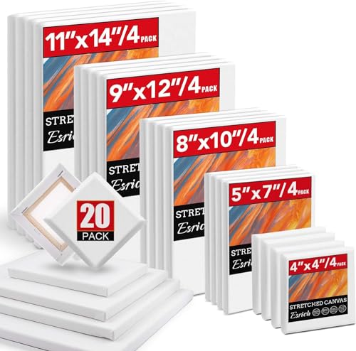 Stretched Canvas for Painting, Multi Size 11x14, 9x12, 8x10, 5x7, 4x4(4 of Each), 20 Packs Primed Blank Canvases, Very Good for Beginners or Professionals. - size: Multisize-20Pack