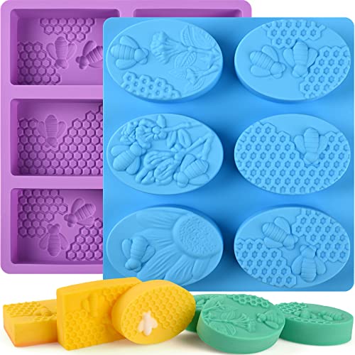Sakolla 2 Pack 6 Cavity Bee Silicone Soap Molds Rectangle Oval Honeycomb Silicone Molds Loaf Handmade Molds for Soap Making Supplies DIY Wax Melts, Beeswax, Cake Chocolate Bakeware - color: Honeycomb/Purple & Blue