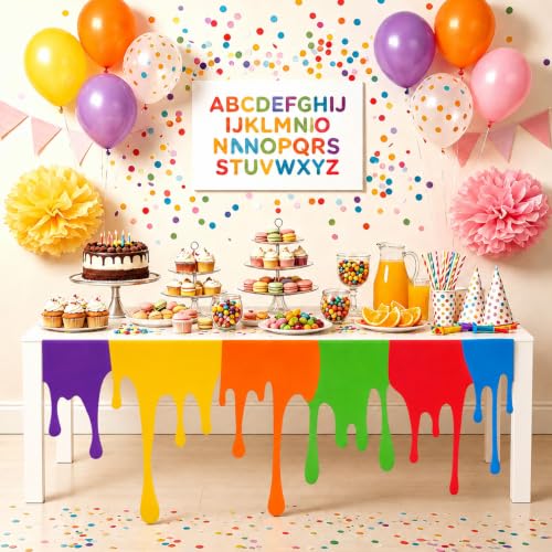 Rainbow Paint Drip Table Skirt 71×30in Polyester Neon Table Cloth with Adhesive Back,Teacher Desk Skirts for Teacher Desk,Art Classroom Decor,Back to School Kids Art Table Party Supplies