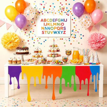 Rainbow Paint Drip Table Skirt 71×30in Polyester Neon Table Cloth with Adhesive Back,Teacher Desk Skirts for Teacher Desk,Art Classroom Decor,Back to School Kids Art Table Party Supplies