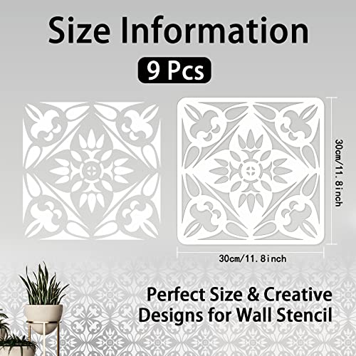 INFUNLY 9PCS/Set Mandala Flowers Wall Stencils for Painting 12x12 Mexican Tile Stencil Art Flower Concrete Floor Stencils Reusable Drawing Template for Painting Wood Canvas Furniture Patio Home Decor