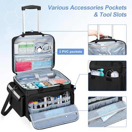 Trunab Rolling Medical Bag with Trolley & Dividers, Nurse Responder Tote - color: Black