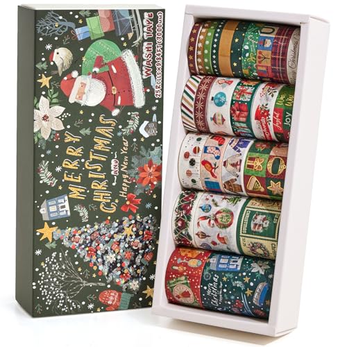 25 Rolls Christmas Gift Washi Tape Set, Festivals New Year Decorative Tapes for Scrapbooking, Junk Journal supplies, DIY Crafts Gift, Party Decorations, Bullet Journaling, 5-50mm Wide 9.84ft long/Roll - style: Christmas