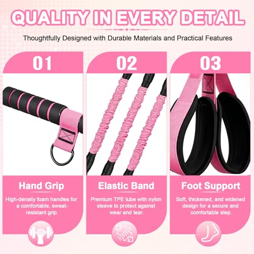 Pedal Resistance Band with Handles, 30-90LB Adjustable Thai Natural Rubber Resistance Bands, 3 Removable Covered Tubes, Full Body Workout Equipment for Abs Arms Legs Waist - color: Pink