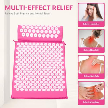 Fitvids Acupressure Mat and Pillow Set for Back/Neck Pain, Acupuncture Products to Relieve Muscle Fatigue, Improve Insomnia for Sedentary People, Acupuncture Eases Stress, Massage Mat, Pink - style: Pink