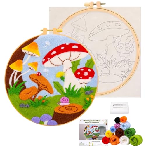 Wonafa Needle Felt Starter Set,Wool Needle Felt Starter Kit, Beginner Needle Felt Kit with Wool Felt Felt Needles, Photo Frame, Foam Mat, Felt Cloth and Instructions (Mushroom World) - color: Mushroom World