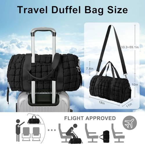 Quilted Travel Duffle Bag Gym Bag for Women,Large Puffer Duffle Weekender Bag with Compartment,Workout Overnight Carry on Organizer Bag Duffle Bag for Airplane Travel(Black) - color: Black, size: Medium
