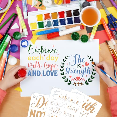 JSRQT 16 Pieces Christian Inspirational Stencils, Bible Verse Motivational Quotes Word Stencils Set, Plastic Reusable Template for Painting DIY Wood Wall Canvas Sign for Home Decoration, 20×20 CM - size: 20*20CM