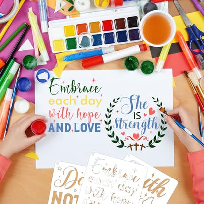 JSRQT 16 Pieces Christian Inspirational Stencils, Bible Verse Motivational Quotes Word Stencils Set, Plastic Reusable Template for Painting DIY Wood Wall Canvas Sign for Home Decoration, 20×20 CM - size: 20*20CM