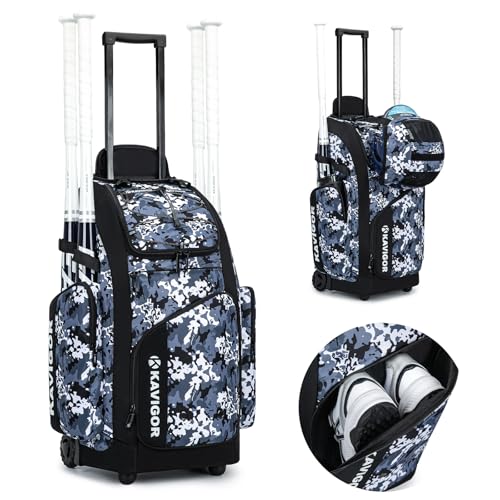 KAVIGOR Rolling Baseball Bag with Wheels, 60L Capacity Softball Bag Holds 4 Bats for Boys and Girls, Youth Equipment Bag with Shoe Compartment - color: Blue Camo