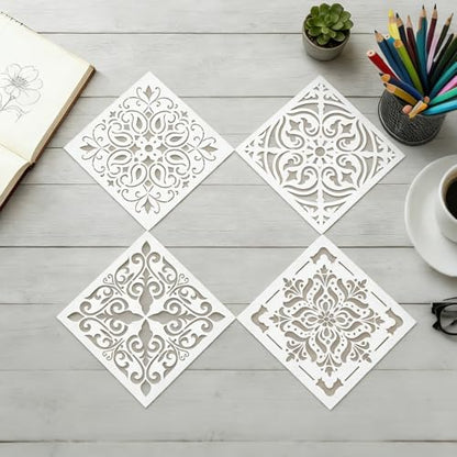 9 Pcs Mandala Stencils for Painting Reusable Plastic 6×6 Inch Mandala Dot Stencils Drawing Templates for Crafts DIY Wall Canvas Notebook Knit Card Wood