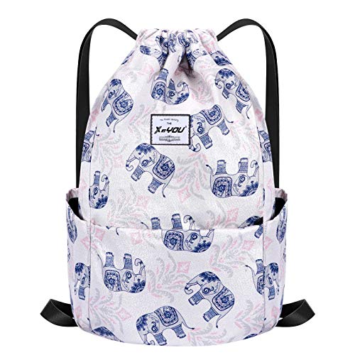 XEYOU Drawstring Backpack Bag Sport Gym Sackpack Beach Cinch Bag | Lightweight Swimming Bag, Water-Resistant Fabric, Travel Daypack for Women and Men - color: Little Blue Elephant